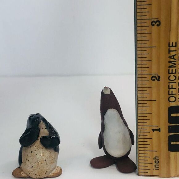 handmade handcrafted clay pottery penguins brown and black glazed 2.5 3 inch - Picture 4 of 12